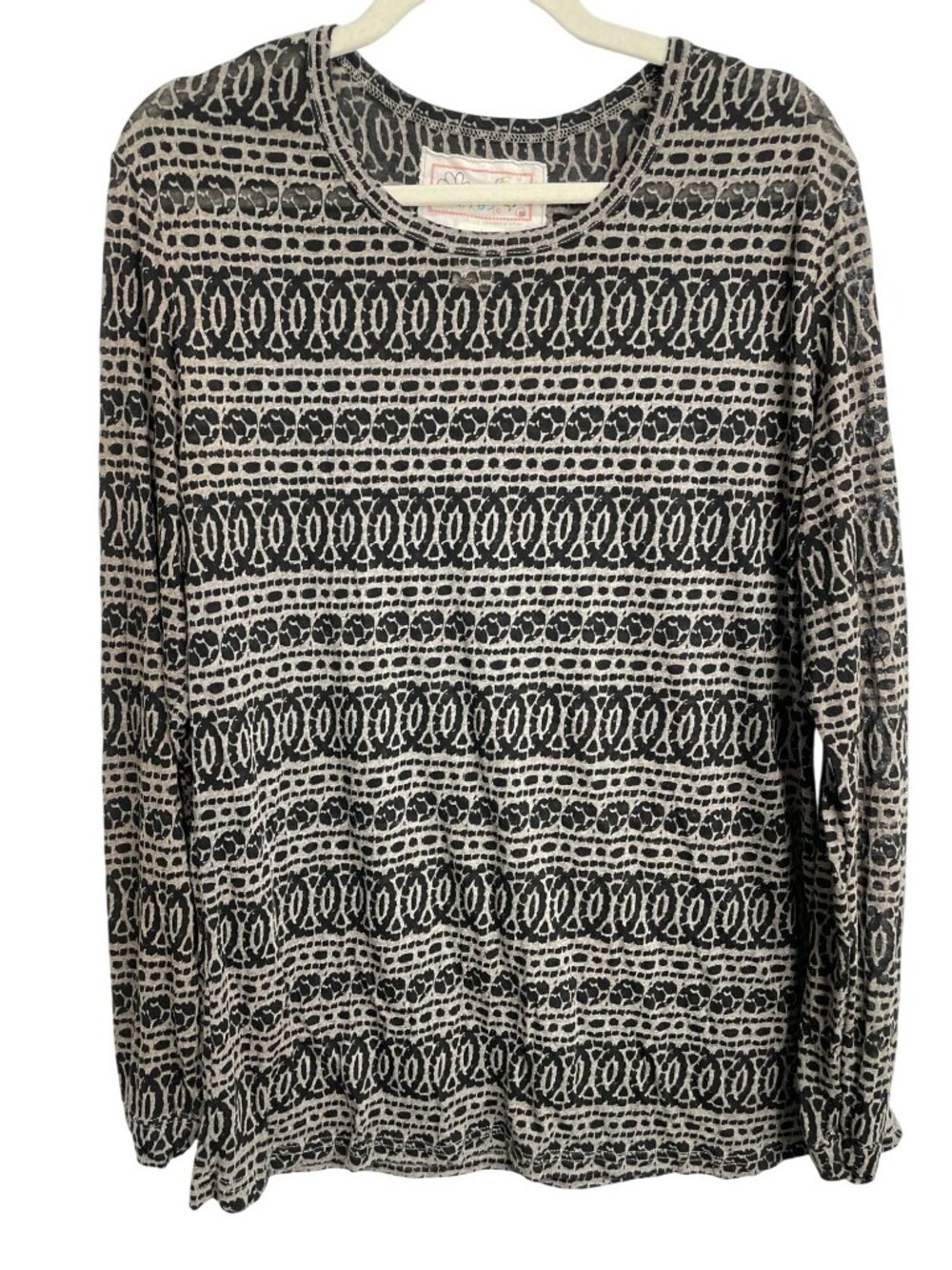 Adventura Top XXL Geometric Long Sleeve Tee Crewneck Gray Black Boho Retro Y2K
